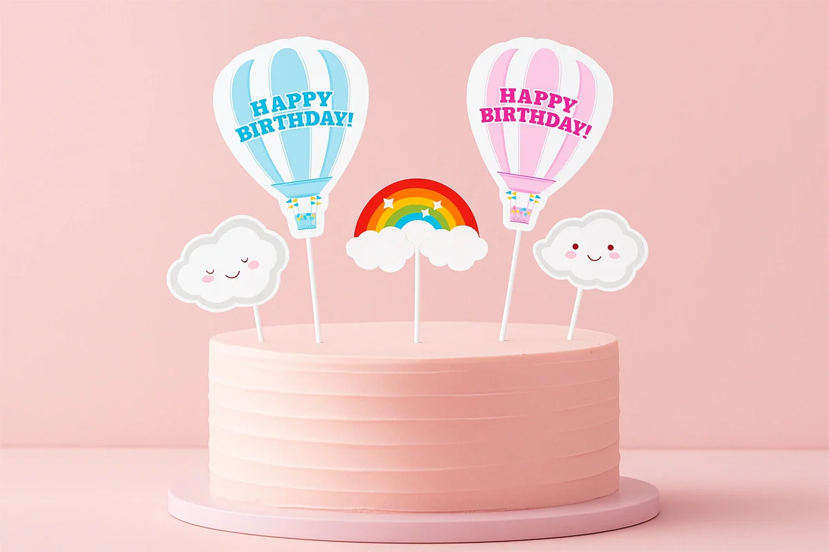 Blue Pink Hot Air Balloon Cake Topper Set (4 Pack) - Iconic Cake Art - Image 2