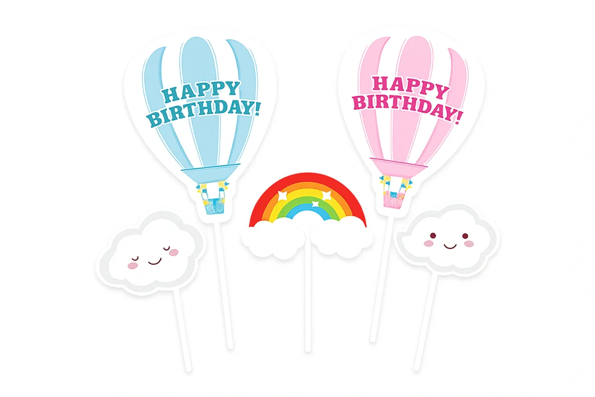 Blue Pink Hot Air Balloon Cake Topper Set (4 Pack) - Iconic Cake Art - Image 3