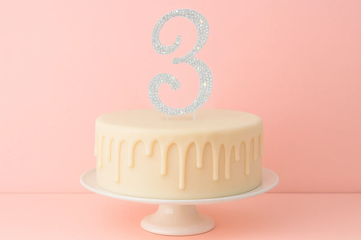 Diamante Number 3 - Rhinestone Cake Topper Monogram Birthday Anniversary 12cm - Iconic Cake Art - Image 2