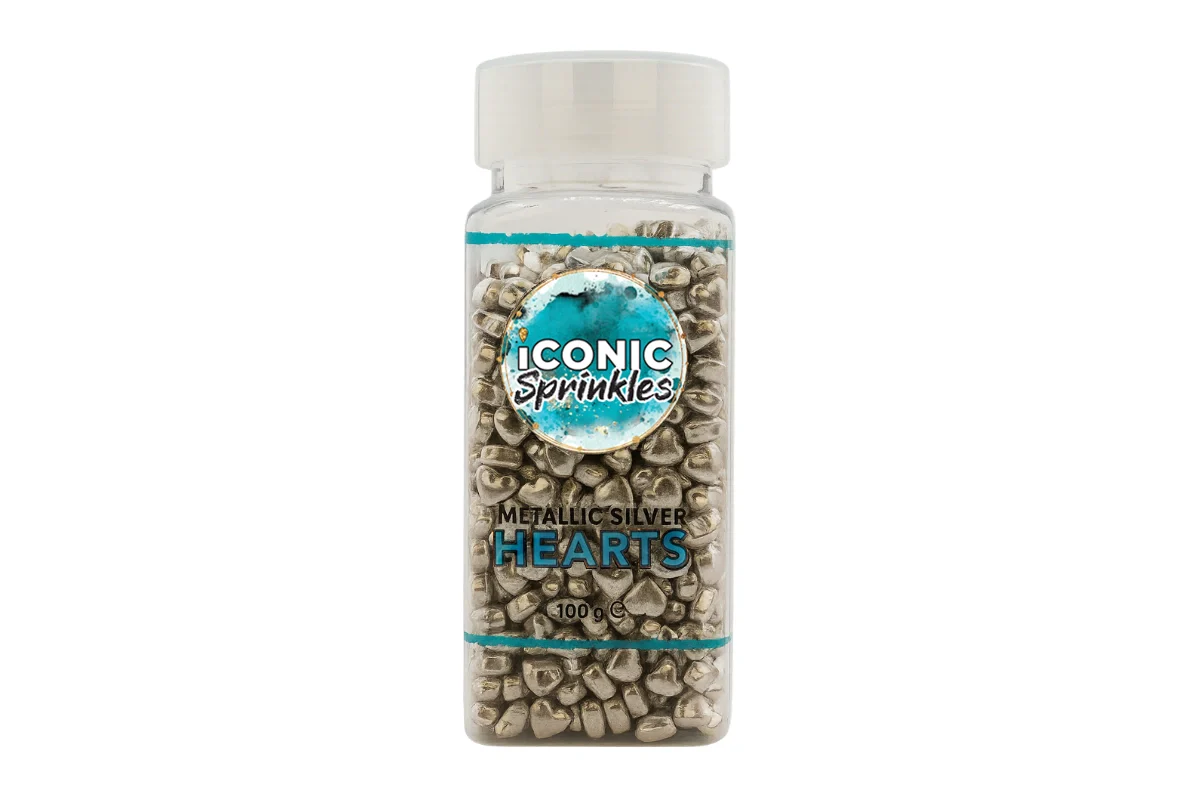 Metallic Silver Hearts 100g - Iconic Sprinkles - Image 2