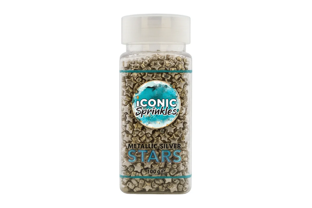 Metallic Silver Stars 100g - Iconic Sprinkles - Image 2