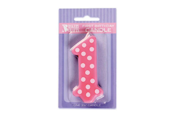 Pink First Birthday Candle - with Dots 3.25 Inch - Bakery Crafts