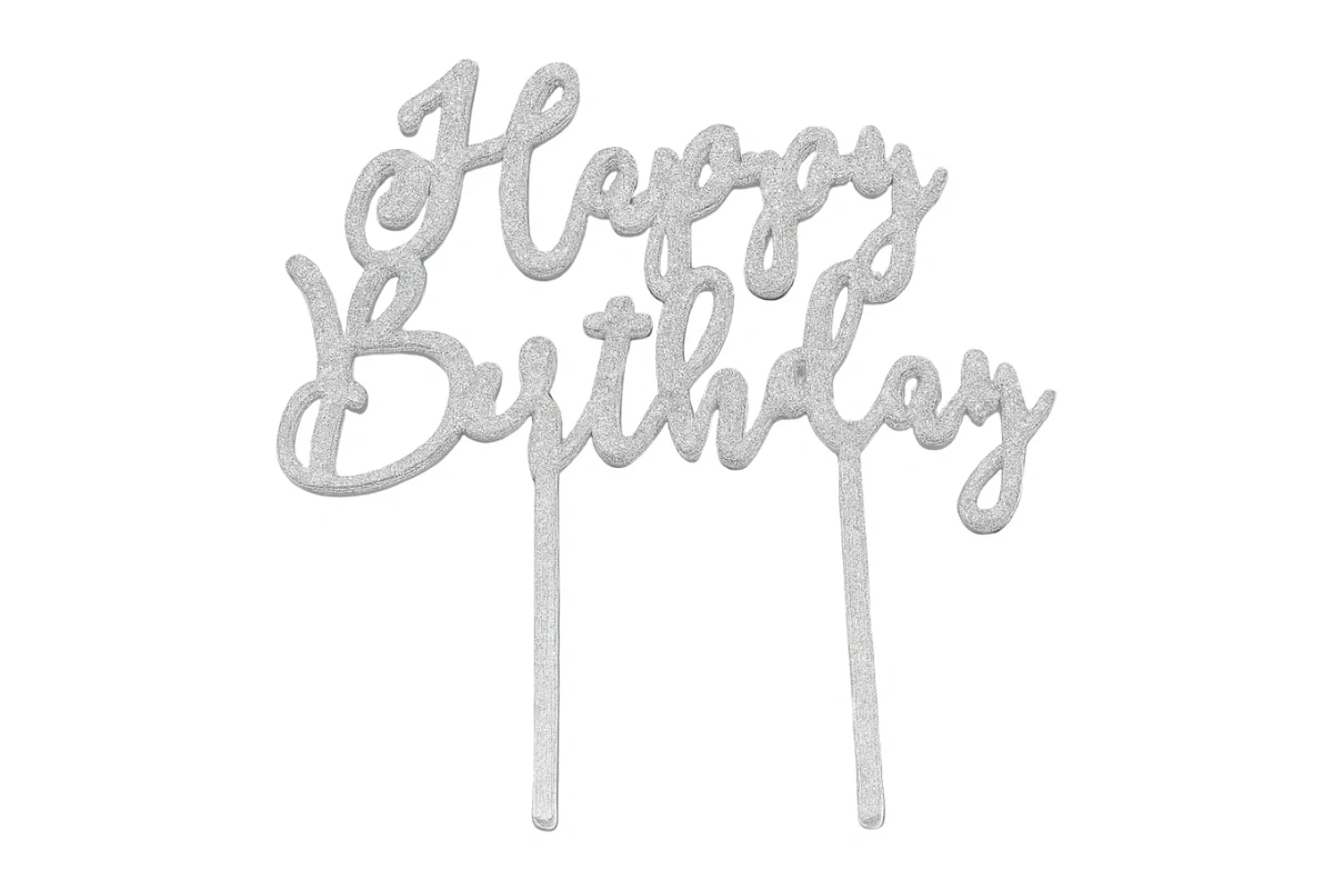 Silver Happy Birthday - Cake Topper - Glitter - Iconic Cake Art - Image 3