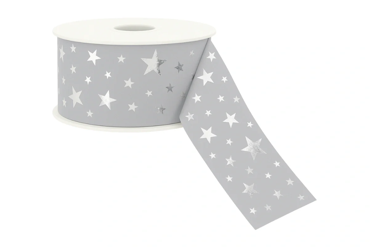 Silver White Tear Ribbon with Stars - Sold Per Meter 30mm