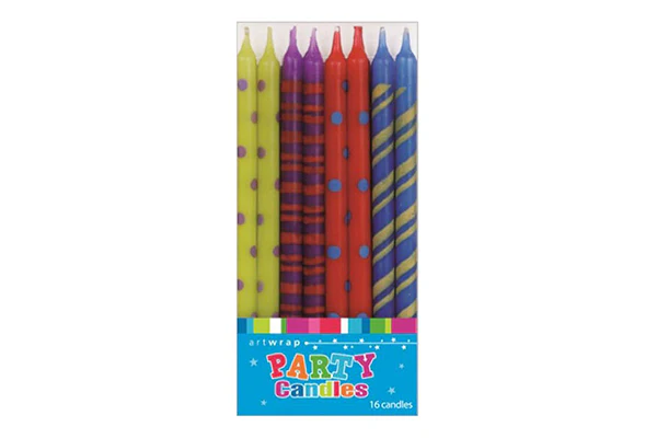 Tall Multicolour Dots Stripes Birthday Candles (16 Pack) - Artwrap