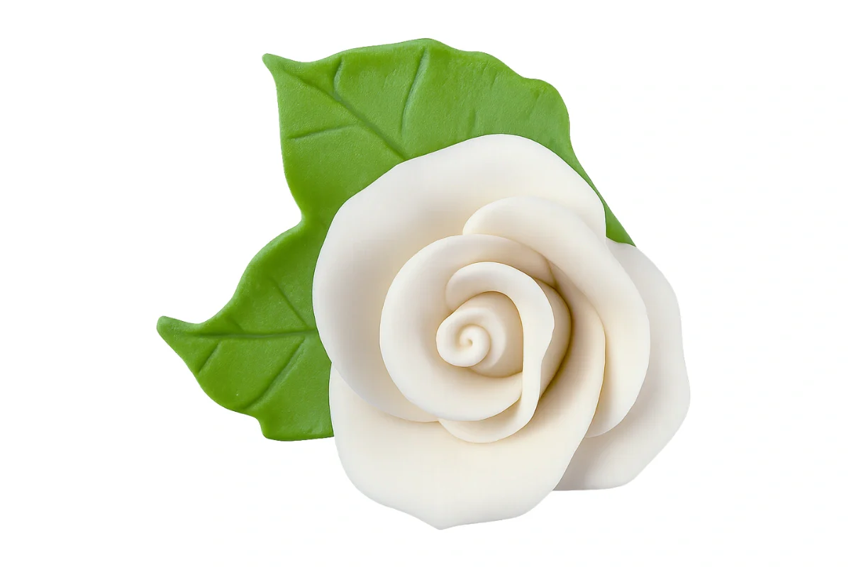 White Single Tea Rose with 2 Leaves - Sweet Sugar Flowers
