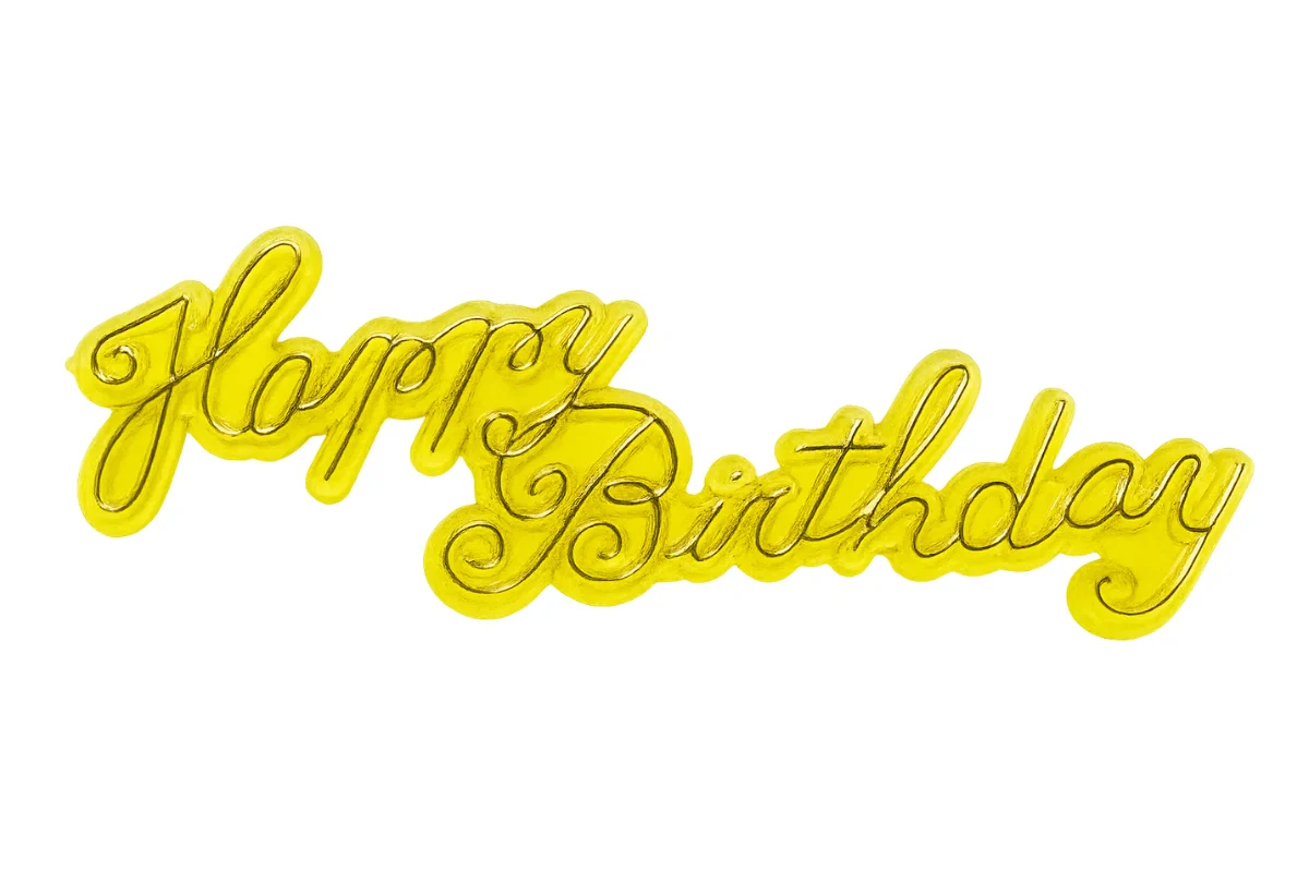 Yellow Happy Birthday Script Plaque - Cake Topper - Bakery Crafts